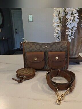 Coach Signature Canvas Crossbody with Brown Leather Trim